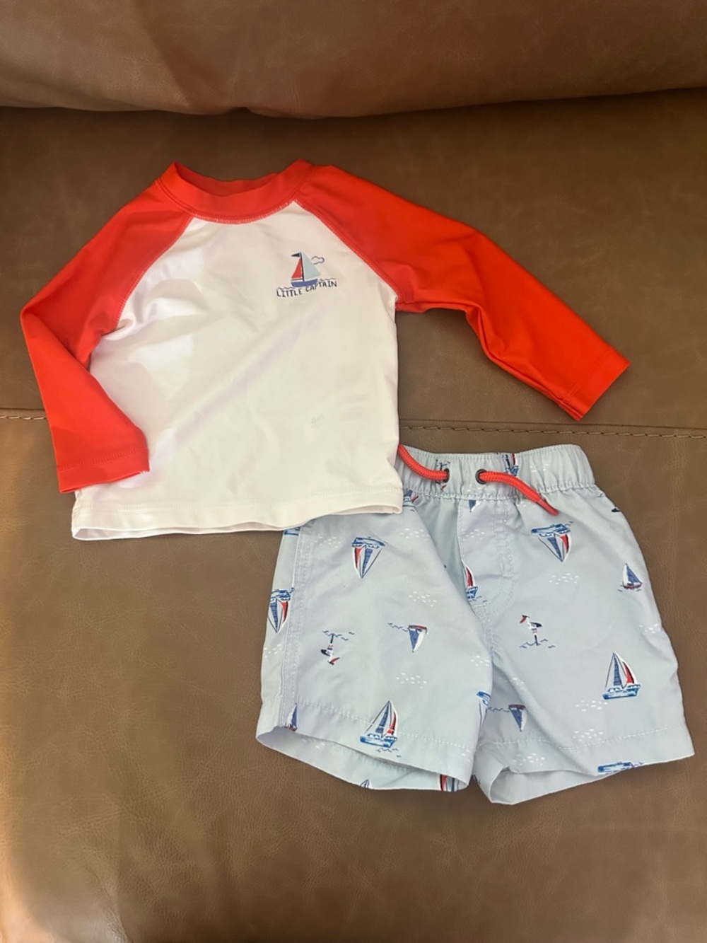 Carter's White & Red Rash Guard with Light Blue Sailboat Swim Trunks